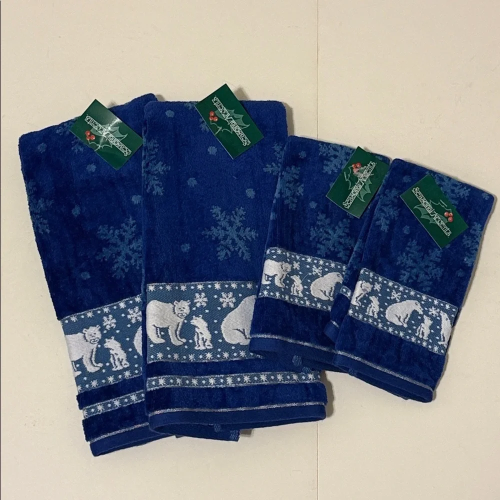 Blue Snowflake and Polar Bear Towels-2 Hand Towels & 2 Fingertip Towels New